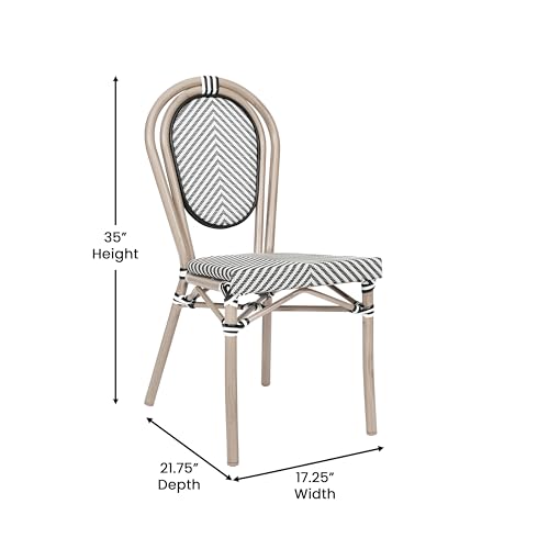 Flash Furniture 2 Pack Marseille Indoor/Outdoor Commercial Thonet French Bistro Stacking Chair, Textilene and Bamboo Print Aluminum, Set of 2, Black & White/Light Natural Frame