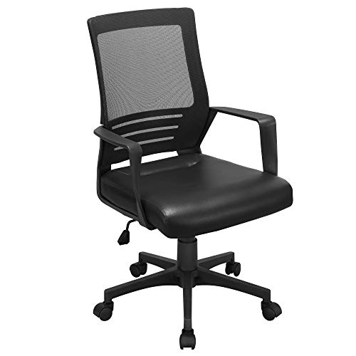 Topeakmart High Back Mesh Office Chair with Leather Seat, Ergonomic Height Adjustable Desk Chair with Lumbar Support, Executive Task Chair with Comfy Headrest for Home, Meeting Room Brown