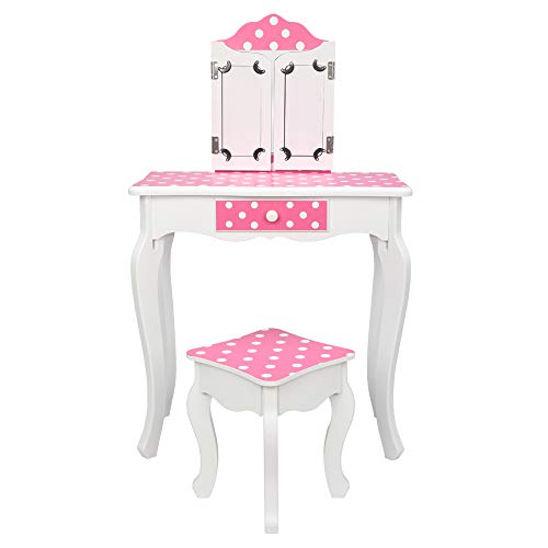 Wooden Princess Makeup Dressing Table,Wood Makeup Vanity Table and Stool Set,Wooden Play Vanity Set,Wooden Makeup Beauty Dressing Table,with Mirror,for Room Bedroom Furniture (Leopard Print)