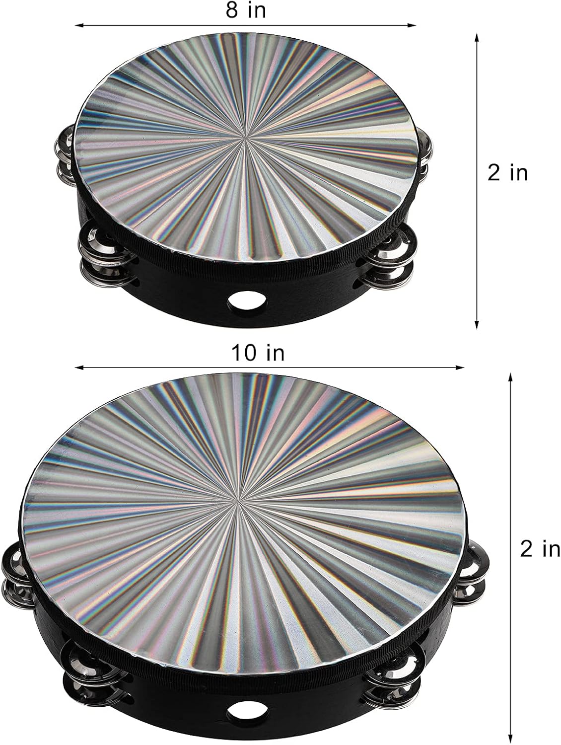 YOUEON 2 Pack Radiant Tambourine with Double Row Jingles, 8/10 Inch Wood Handbell Music Reflective Drum, Hand Drum Percussion Instrument for Church, Tambourine for Dance, Party, KTV