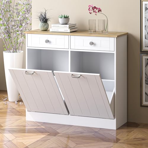 Single Tilt Out Trash Cabinet with Storage Drawer Multifunctional Hidden Garbage Can for Kitchen, Bathroom, Laundry and Living Room, White
