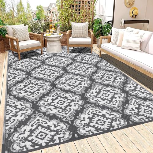 Ileading Reversible Outdoor Rug 6x9Ft Waterproof Patio Rug Carpet Portable Outdoor Plastic Straw Rug Large RV Camping Mat Rug for Patio, Clearance, Deck, Beach, Porch, Camping, Picnic, Flower Teal
