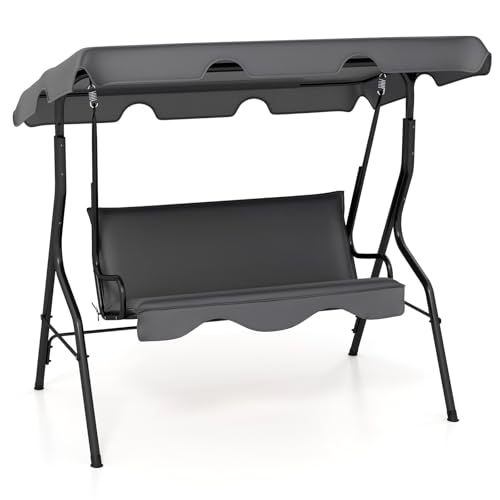 HAPPYGRILL 3-Person Patio Swing Chair, Outdoor Swing Glider with Adjustable Canopy and Removable Cushion, Porch Swing with Stand for Garden and Backyard, (Brown)