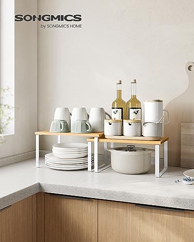 SONGMICS Cabinet Organizer Shelf, Set of 4 Kitchen Counter Shelves, Kitchen Storage, Spice Rack, Stackable, Expandable, Metal and Engineered Wood, Ink Black and Heather Greige UKCS021X02