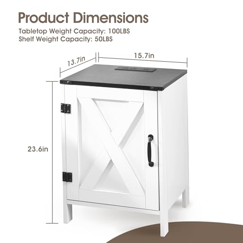 Farmhouse Nightstands Set of 2 with Charging Station, Rustic Bedside Table End Table with Barn Door for Living Room Bedroom Sofa Side Table with Storage, White