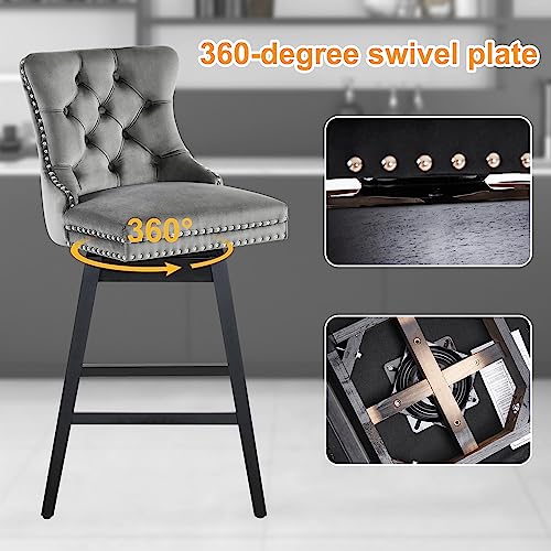 Counter Height Bar Stools, 360 Swivel Bar Stools with Backs, Premium Velvet Fabric Upholstered Counter Height Chairs, Solid Wood Legs, (Beige, 30