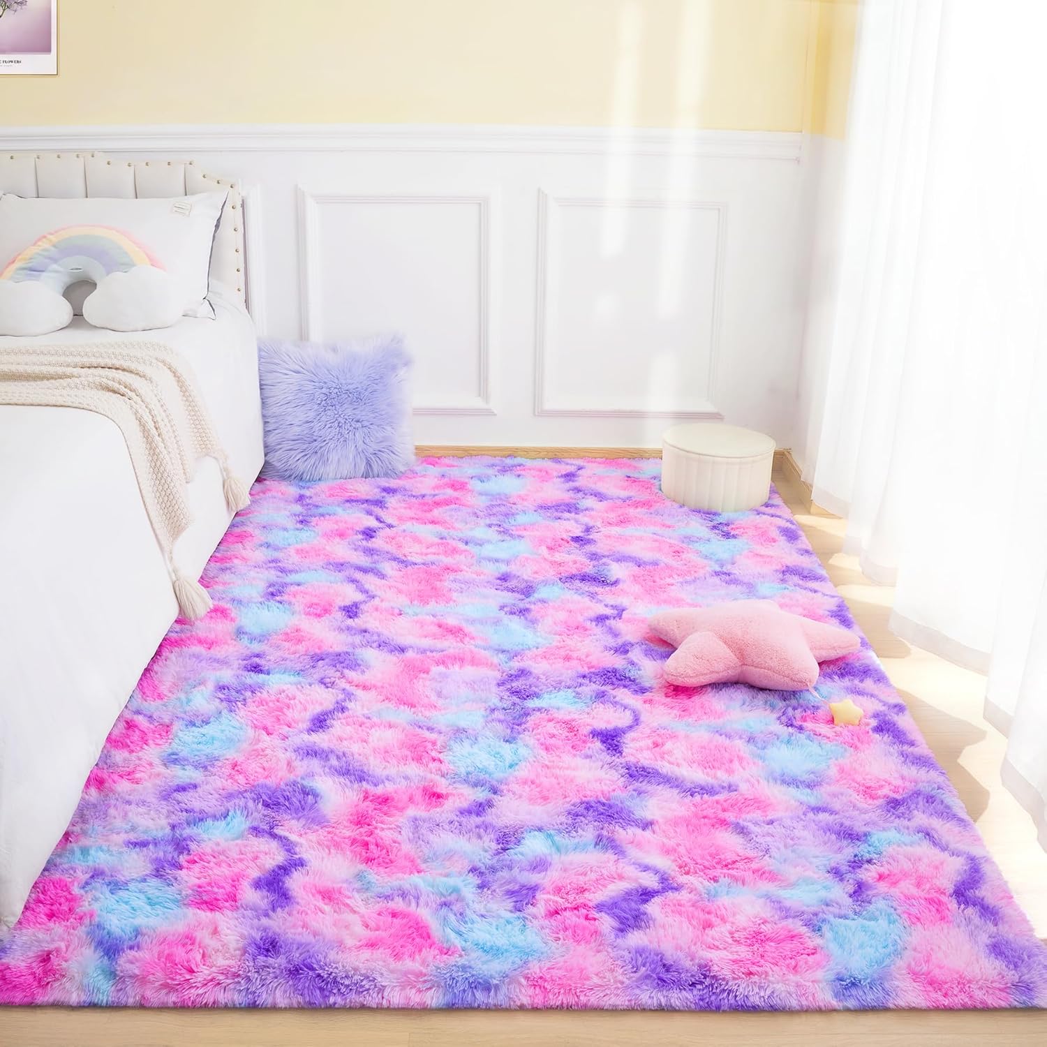 BENRON Soft Rainbow Rugs for Girls Kids Bedroom Fluffy Living Room Rug Bedroom Rug 4x6 Feet Colorful Nusery Rug, Hot Pink, Non-Slipping Rugs for Toddlers Teens Children,Washable