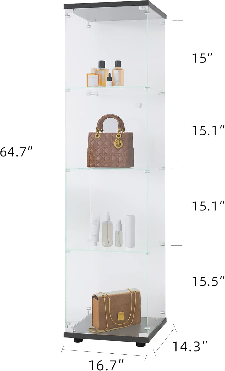 4-Shelf Glass Display Cabinet with Door and Lock, Upgraded Quick-Install Style Curio Cabinets 5mm Tempered Glass Floor Standing Bookshelf for Bedroom, Living Room 64.7”x 16.7”x 14.3” Black