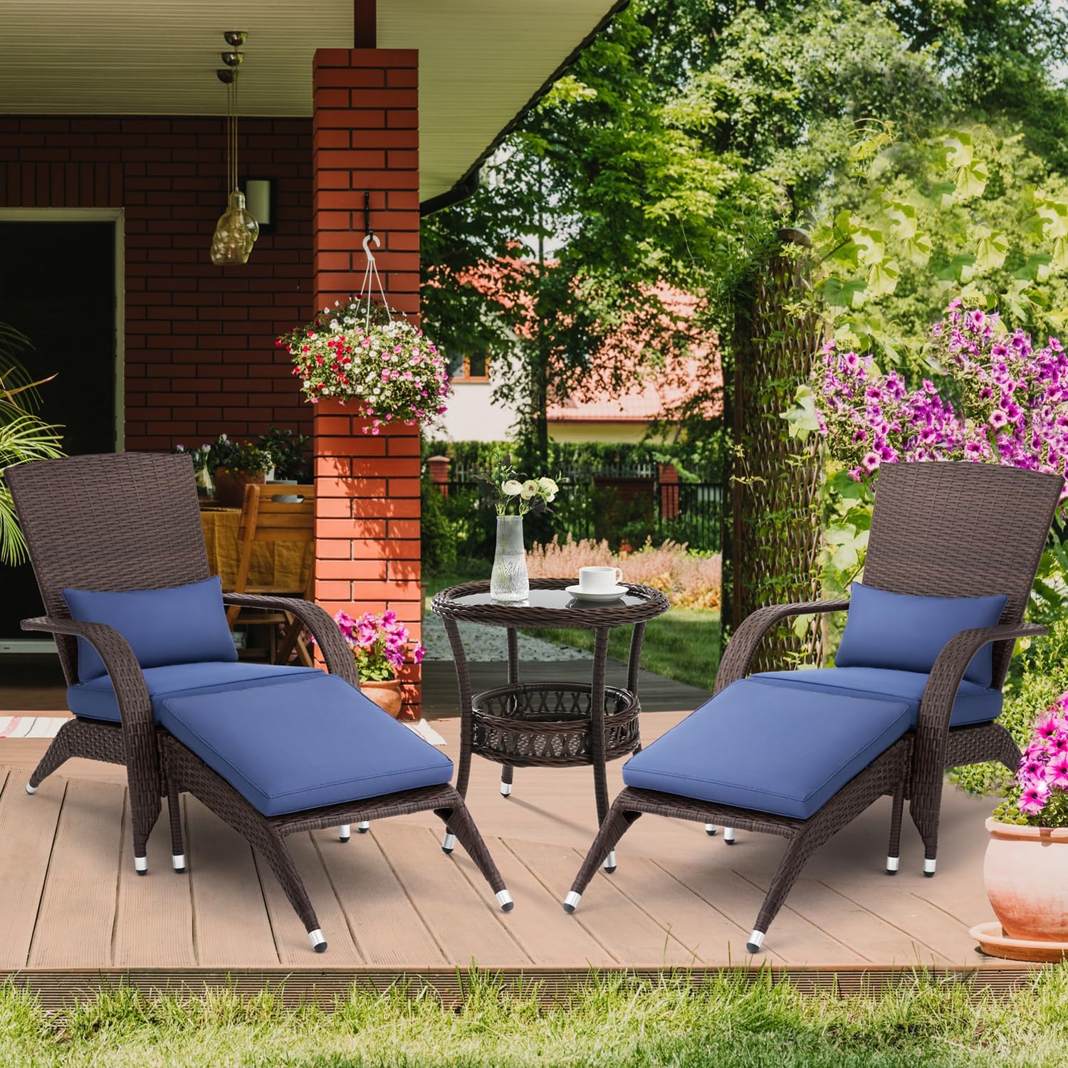 Outdoor Patio Wicker Adirondack Chair with Ottoman Set of 2 Rattan Fire Pit Chairs Oversized Comfy Relax Patio Chair with Soft Cushion Low Deep Seating Tall Curved Backrest for Outside Deck Porch Navy