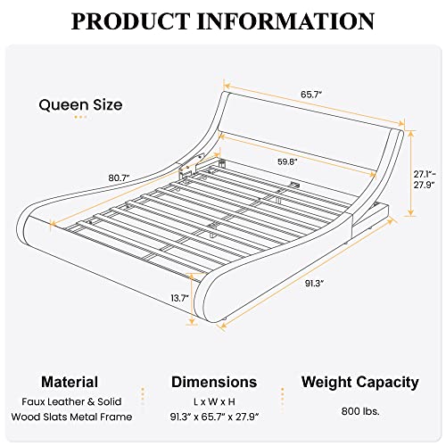 SHA CERLIN Modern Low Profile Platform Bed Frame Full Size, Stylish Faux Leather Upholstered Sleigh Bed with Adjustable Headboard, No Box Spring Needed, White