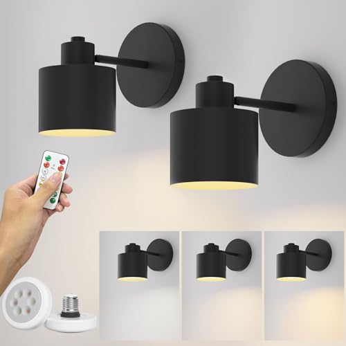 Tipace Black Vintage Wireless Battery Operated Wall Sconces,Cordless Battery Powered LED Wall Lights Set of 2,Wall Lamp Fixture Indoor 360°Rotate with Remote Control for Bedroom Farmhouse Gallery