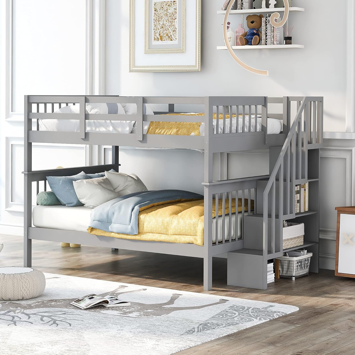 Bellemave Full Over Bunk Beds with Stairs and Storage Wood Bed Frame Staircase Shelves for Kids Teens Adult, Detachable Stairway Bunkbed Boys Girls, Gray