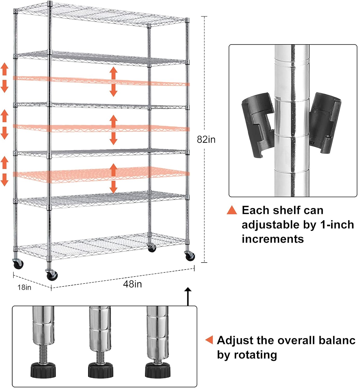 Heavy Duty Storage Shelves Hold 2100LBS Metal Shelves with Wheels Adjustable 6 Tier Wire Shelving Unit NSF Shelving for Closet Kitchen Garage Basement, 82