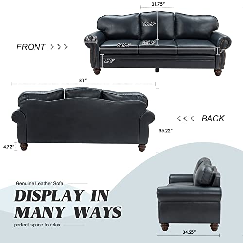 HULALA HOME 81'' Upholstered Leather Sofa with Nailhead Trim and Rolled Armrests, Mid-Century Modern Living Room 3-Seater Couch, Turquoise Couch with Removable Cushion for Bedroom Apartment