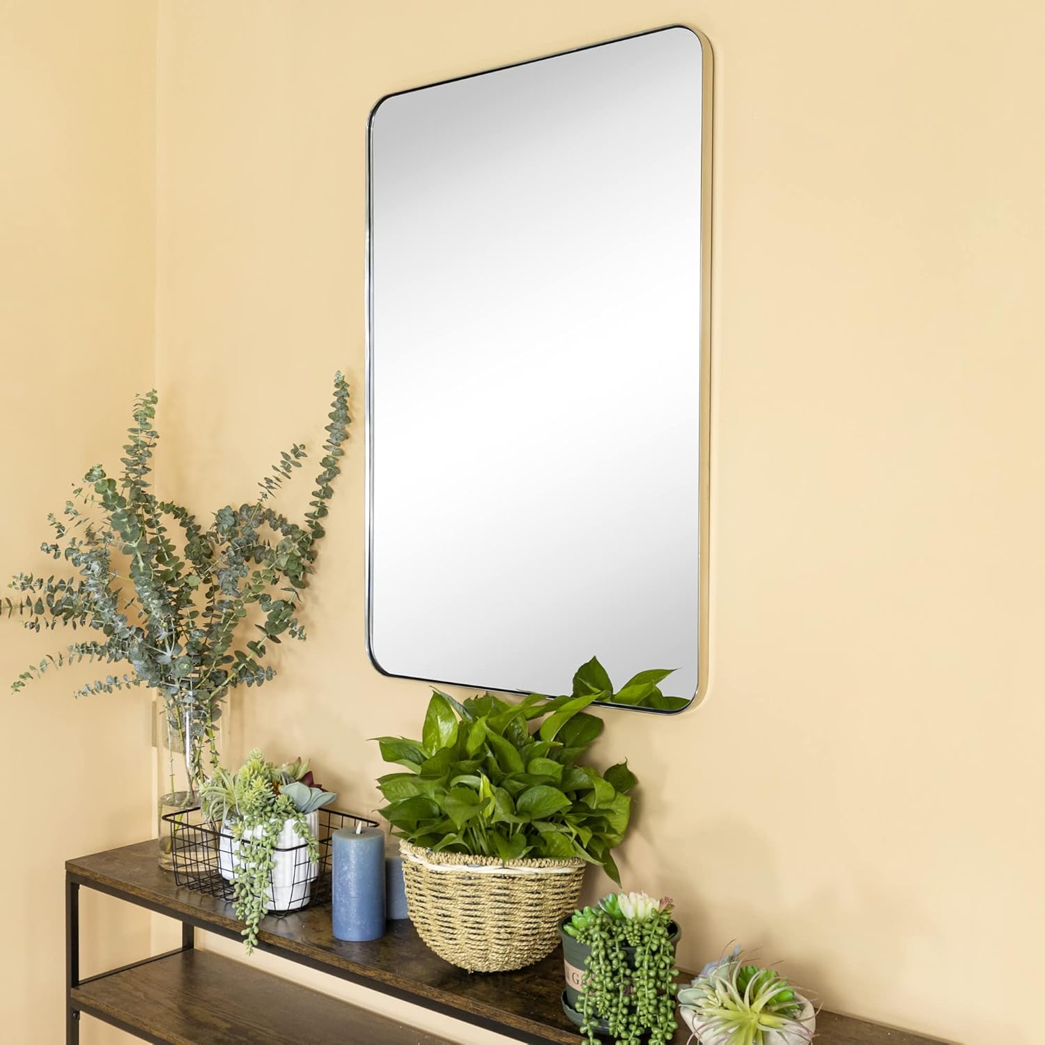 24x36'' Chrome Metal Framed Bathroom Mirror for Wall in Stainless Steel Rounded Rectangular Bathroom Vanity Mirrors Wall Mounted