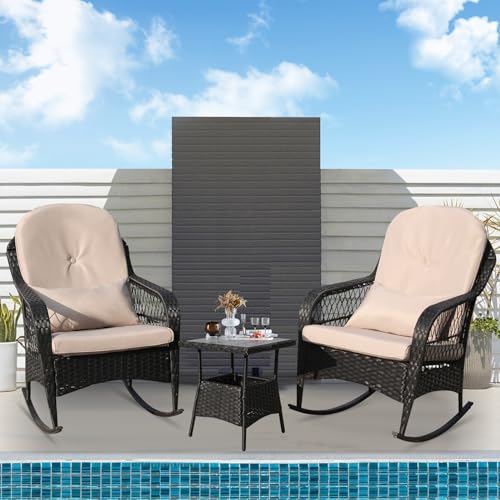 3 Pieces Rocking Wicker Bistro Set, Patio Outdoor Furniture Conversation Sets, All-Weather Rocking Lawn Wicker Furniture for Garden, Backyard, Porch, Poolside (Beige)