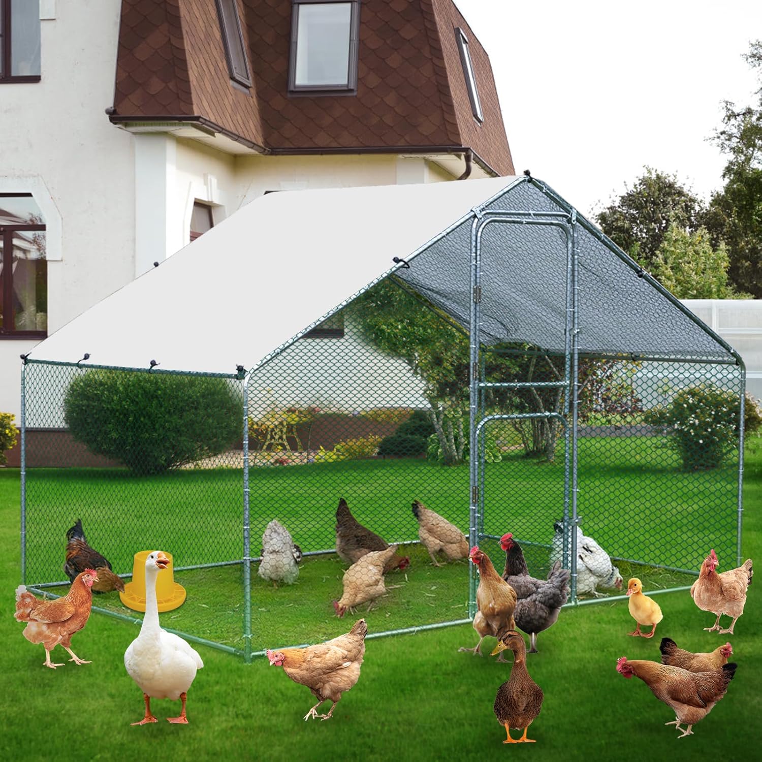 Large Metal Chicken Coop Chicken Run, Walk-in Poultry Cage Chicken Runs House, Chicken Pen with Water-Resident, Anti-UV Cover Support 15-20 Chickens, Ducks, Goose(9.8 * 6.6FT)