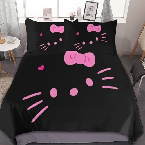 AGner Cartoon Bedding Set Kawaii Pink Cat Duvet Cover for Women Girls Cute Lightweight 3 Pieces Comforter Cover Sets with 1 Duvet Cover and 2 Pillowcases, Twin