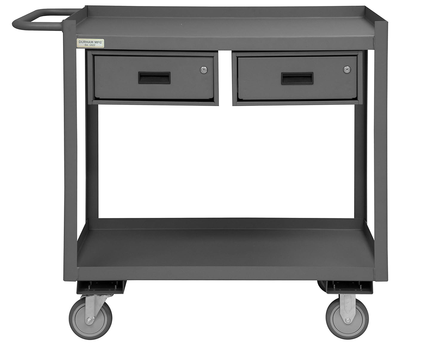Durham RSC-2436-2-2DR-95 14 Gauge Steel Service Cart with 2 Drawers, 2 Shelves, Gray, 1200 lbs Load Capacity