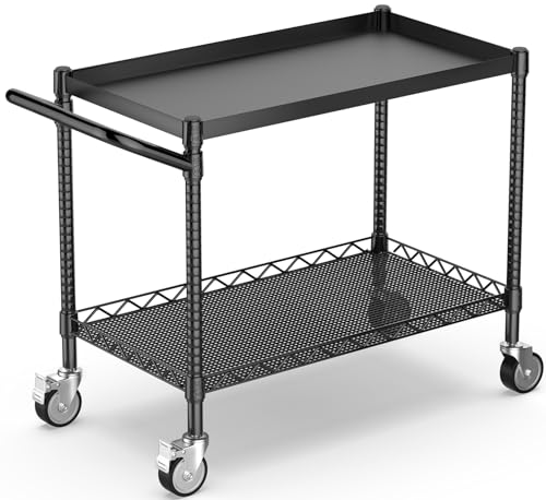 2 Tier Utility Cart with Wheels, NSF Certified 900LBS Capacity Heavy Duty Rolling Utility Carts with Handle Bar, Commercial Grade Metal Serving Storage Cart for Warehouse Garage Kitchen,Silver
