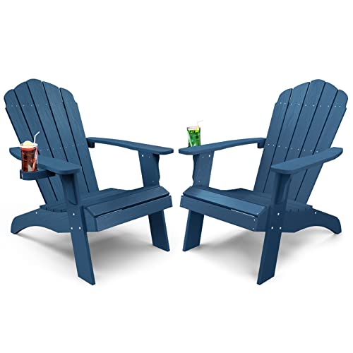 YEFU Oversized Plastic Adirondack Chair Set of 4 with Cup-Holder, Weather Resistant, Poly Lumber Outdoor Chairs Duty Rating Widely Used in Patio, Lawn, Outside, Deck, Garden Chair-Black