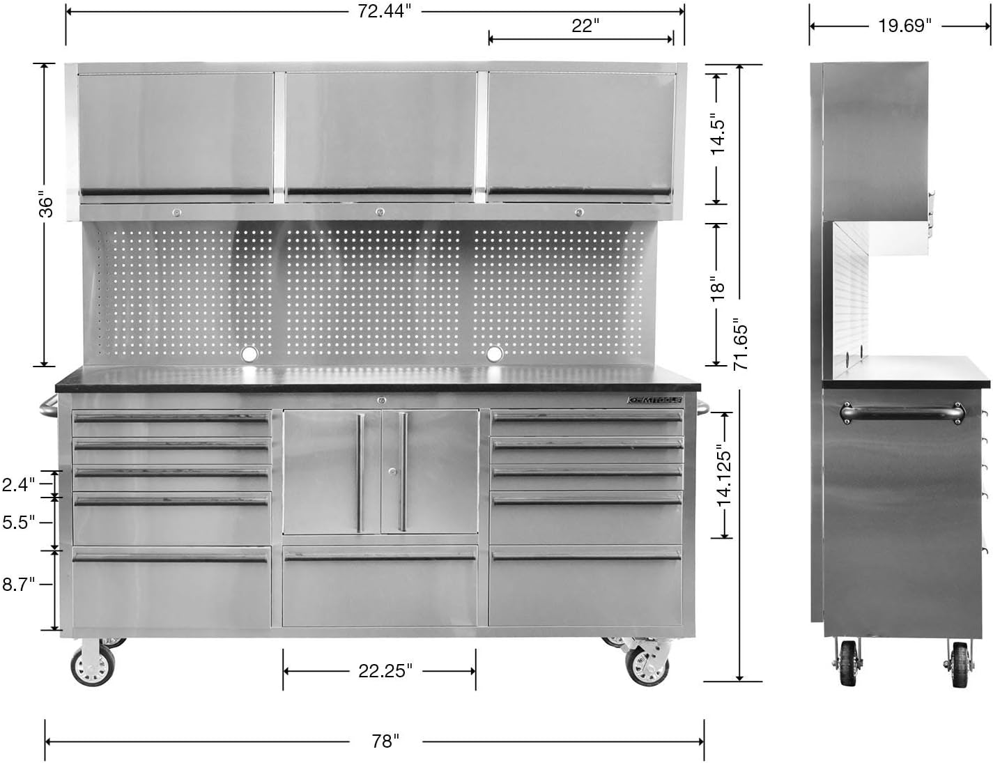 OEM TOOLS 72 Inch 11 Storage Cabinet System Elite Stainless Steel Rolling Chest, Mobile Workstation Tool Box with Drawers for Garage, Workshop, Or Jobsite, Silver