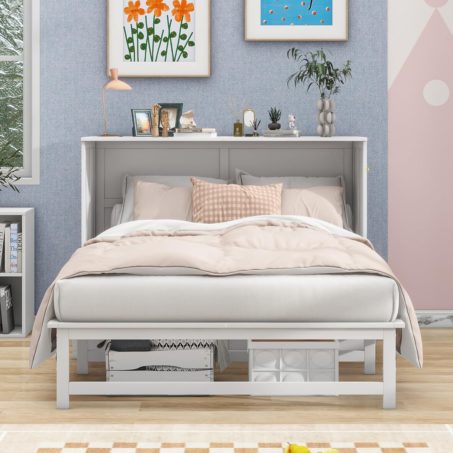 Queen Size Murphy Bed with Built-in Charging Station, Open Shelf and HiddenTable for Small Place Home Office, Space-Saving Wall Murphy Beds Folding Chest