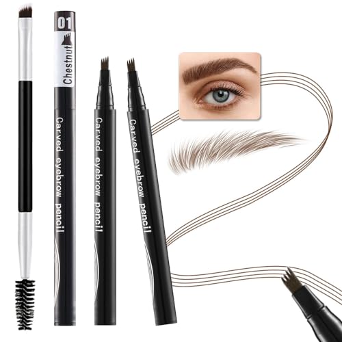 2Pcs Microblading Eyebrow Pen,Eyebrow Contouring Pen,4 Tip Magic Eyebrow Pencil with Brow Brush,Magical Precise Waterproof 3d Eye Brow Pencils Creates Natural Brows Makeup,lapiz de cejas-Gray Brown