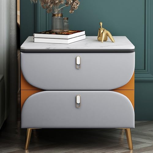 C,40 * 40 * 47cm, Modern Nightstand, Solid Wood Bedside Storage Cabinet - Rock Slate Countertop, with Double Drawer, for Bedside/Sofa Side