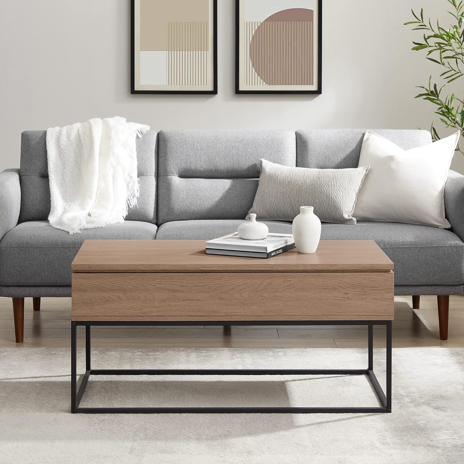 Walker Edison Akron Open Box Lift-Top Storage Coffee Table, Smoked Oak