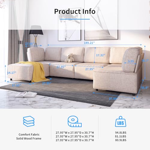 Sectional Sofa Couch, Units of Modular Sectional Couch with Linen Fabric, 1 Seat Free Combine into Convertible U Shaped Couches with Reversible Ottoman for Living Room（Light Grey）