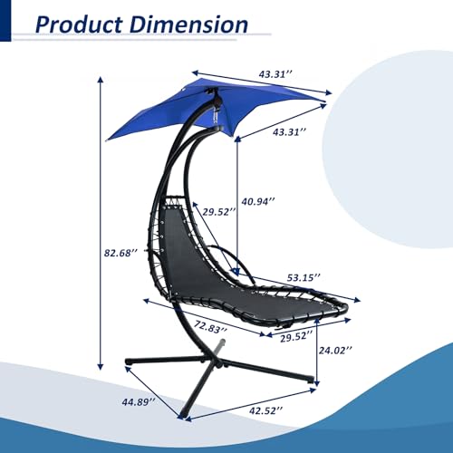 Hanging Chaise Lounger with Removable Canopy, Outdoor Swing Chair with Built-in Pillow, Hanging Curved Chaise Lounge Chair Swing for Patio Porch Poolside, Hammock Chair with Stand (Blue)