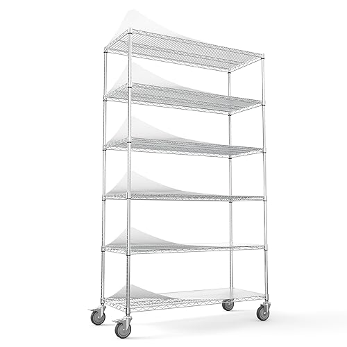 6 Tier 6000lbs Capacity NSF Metal Shelf Wire Shelving Unit, Heavy Duty Adjustable Storage Rack with Wheels & Shelf Liners for Commercial Grade Utility Steel Storage Rack, Black - 84.5