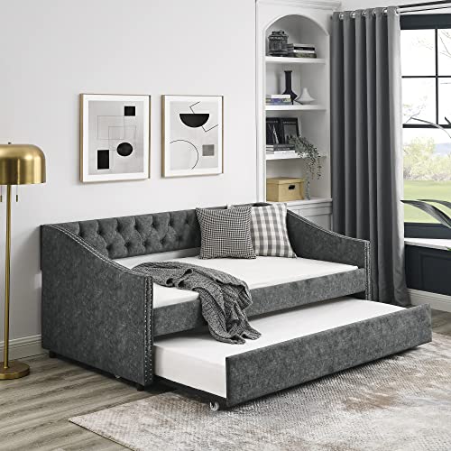 SLEERWAY Twin Size Daybed with Twin Size Trundle, Modern Upholstered Polyester Day Bed Button-Tufted Sofa Daybed Frame and A Trundle, Furniture for Bedroom Living Room Guest Room (Beige)