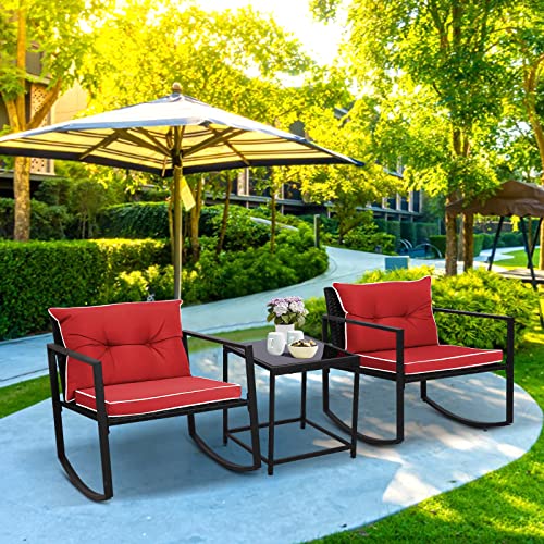 3PCS Set Rattan Wicker Rocking Chair - Bistro Furniture Set with Coffee Table, Garden Patio Yard Porch Balcony Furniture All- Weather Wicker Rocker Chair with Cushions