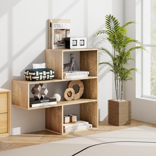 Tangkula 3 Cubes Bookcase, Irregular Open Bookcase, Freestanding Bookshelf Combination, Anti-Tipping Device, Home Display Storage Shelf for Living Room Study (Natural, 3-Cube, Concave)