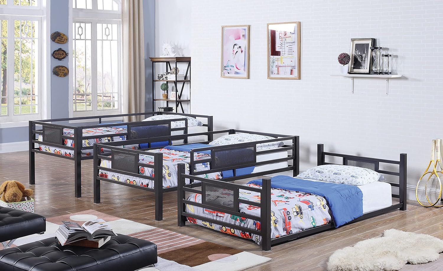 Coaster Furniture Rogen Modern Heavy Duty Metal Triple Bunk Bed Twin Size Platform Frame Removable Trays Included Dark Bronze 460394T