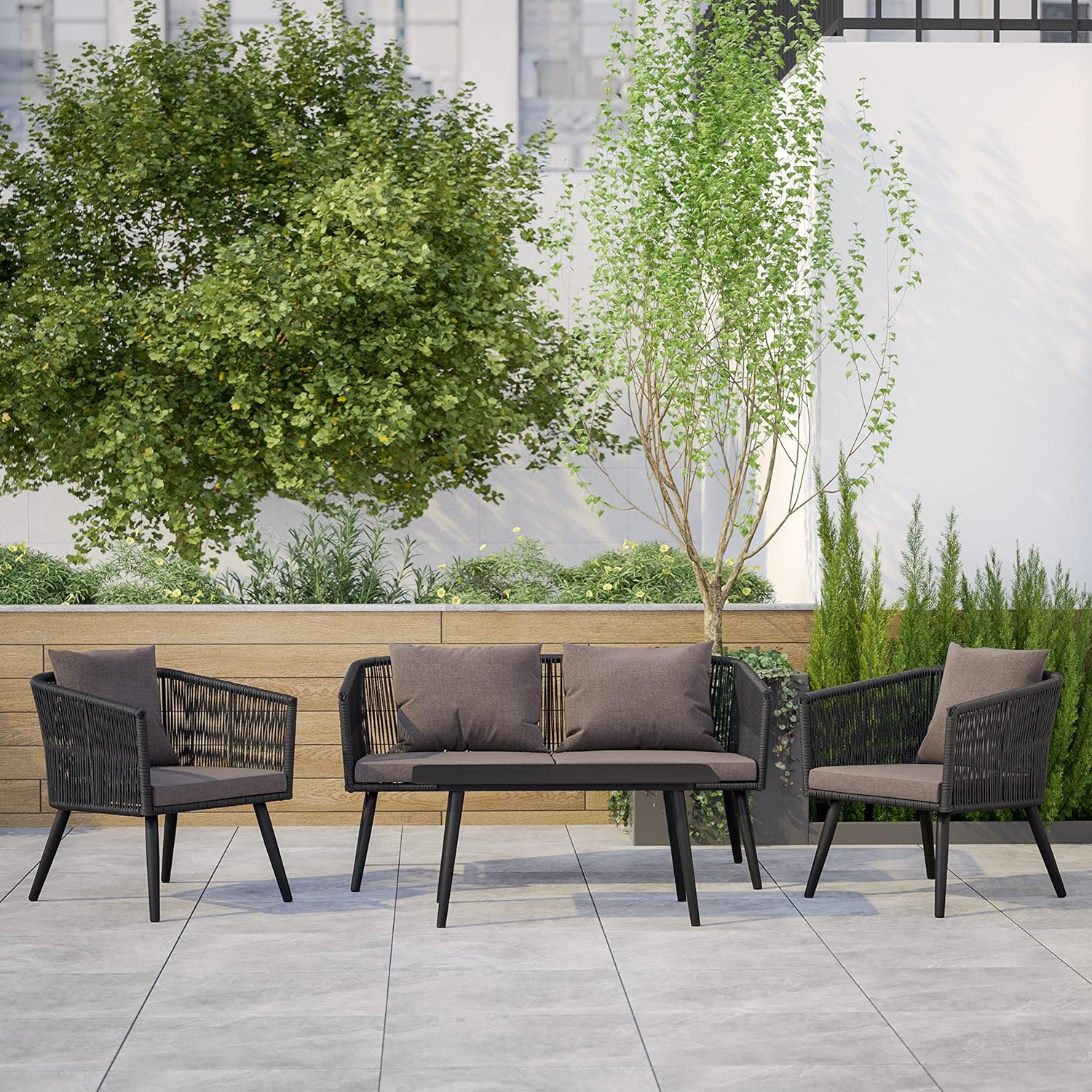 EMMA + OLIVER Alfresco Black & Gray Woven Conversation Set - 4 Piece Set - All-Weather for Outdoors - includes 2 Chairs, Sofa and Metal Table - Cushions Included