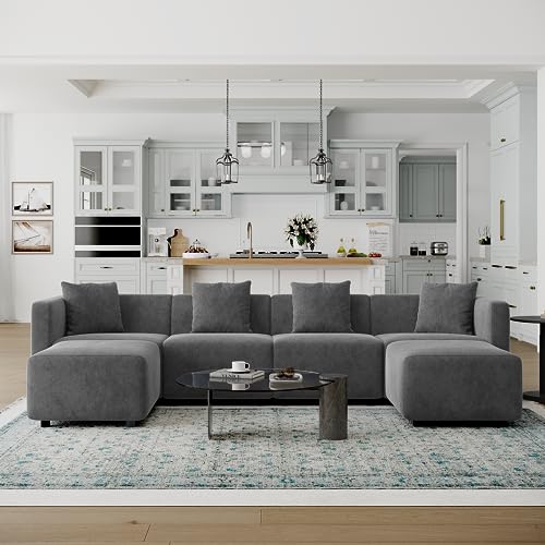 Acanva Convertible Modular Sectional Sofa, Modern Linen-Like Fabric Living Room Furniture Set with Reversible Chaise Lounge, Cream L-Shape Couch