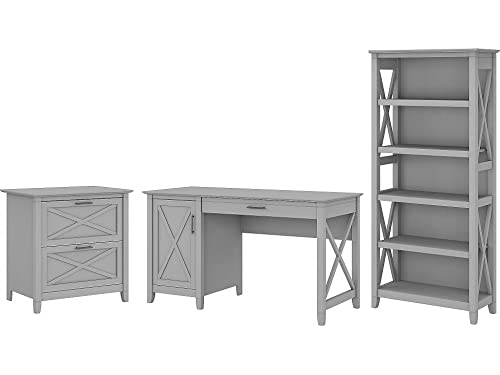 Bush Furniture Key West 54W Computer Desk with 2 Drawer Lateral File Cabinet and 5 Shelf Bookcase in Pure White and Shiplap Gray
