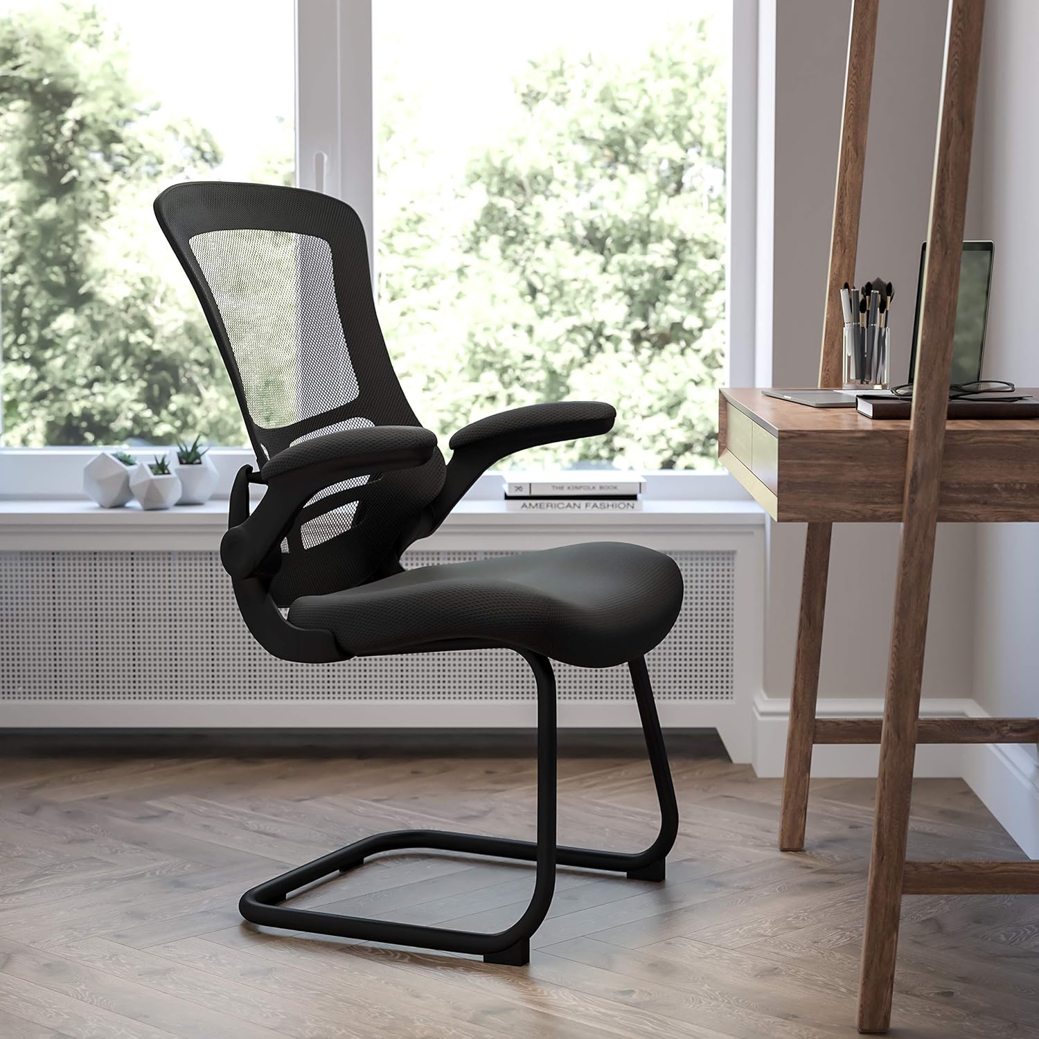 BizChair Black Mesh Sled Base Side Reception Chair with Flip-Up Arms-Office Waiting Room