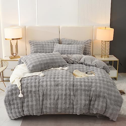 Luxury Faux Fur Duvet Cover Sets,3 Pieces Fluffy Bedding Set Duvet Cover with Pillow Shams,velvet comforter. (Gray, Queen)