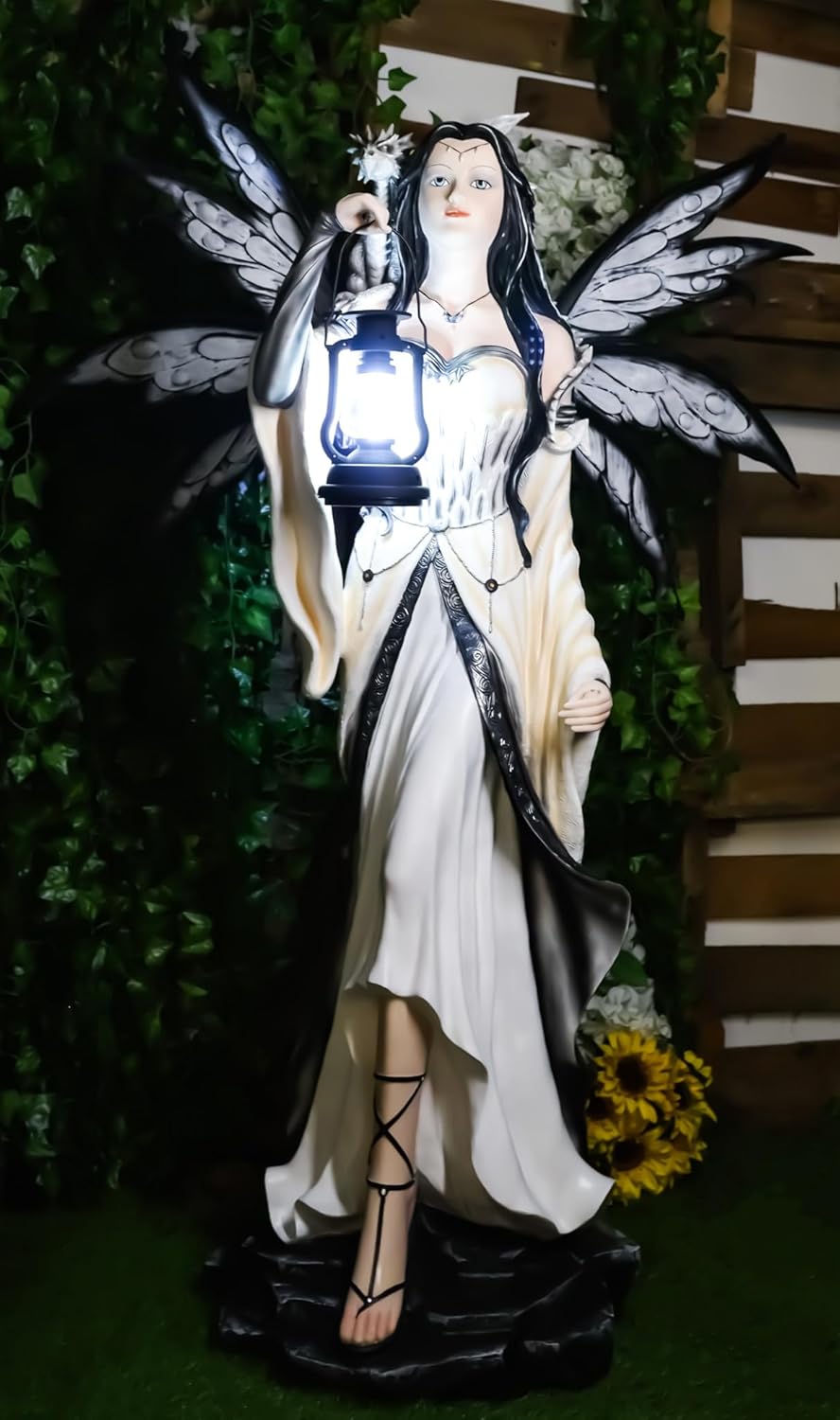 Ebros Gift Large 4 Feet Spell Caster Winter Snow White Fairy with White Dragon and Solar LED Lantern Light Statue Faery Garden Fantasy Fairies and Pixies Collection
