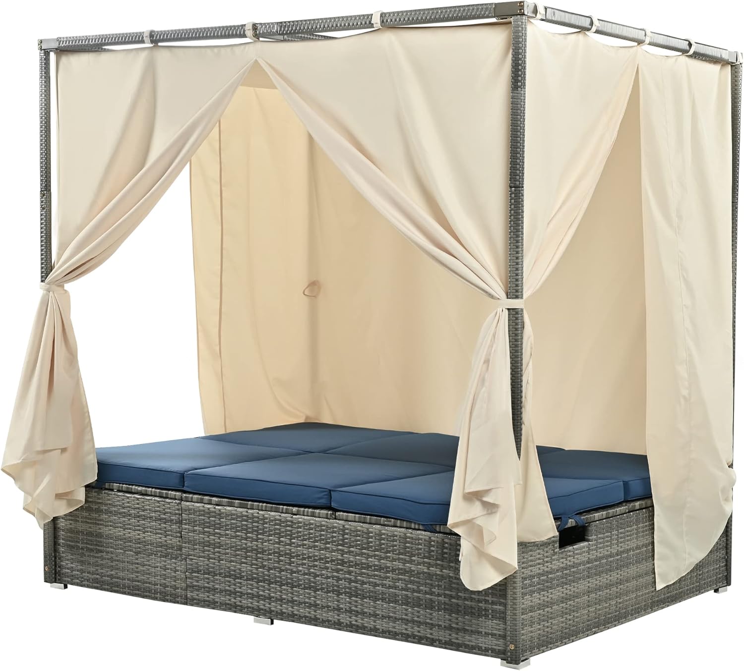 Outdoor Patio Daybed with Curtain and Adjustable Seats, Rattan Wicker Double Chaise Lounge Sunbed w/Four-Sided Canopy and Cushions, for Garden Backyard Poolside, OneSize, Blue