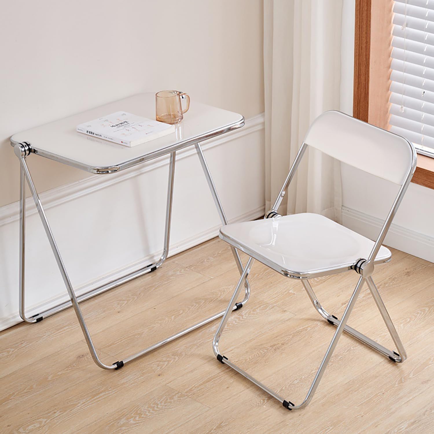 KAIHAOWIN Folding Chair and Table Acrylic Folding Desk and Chairs Set (White)