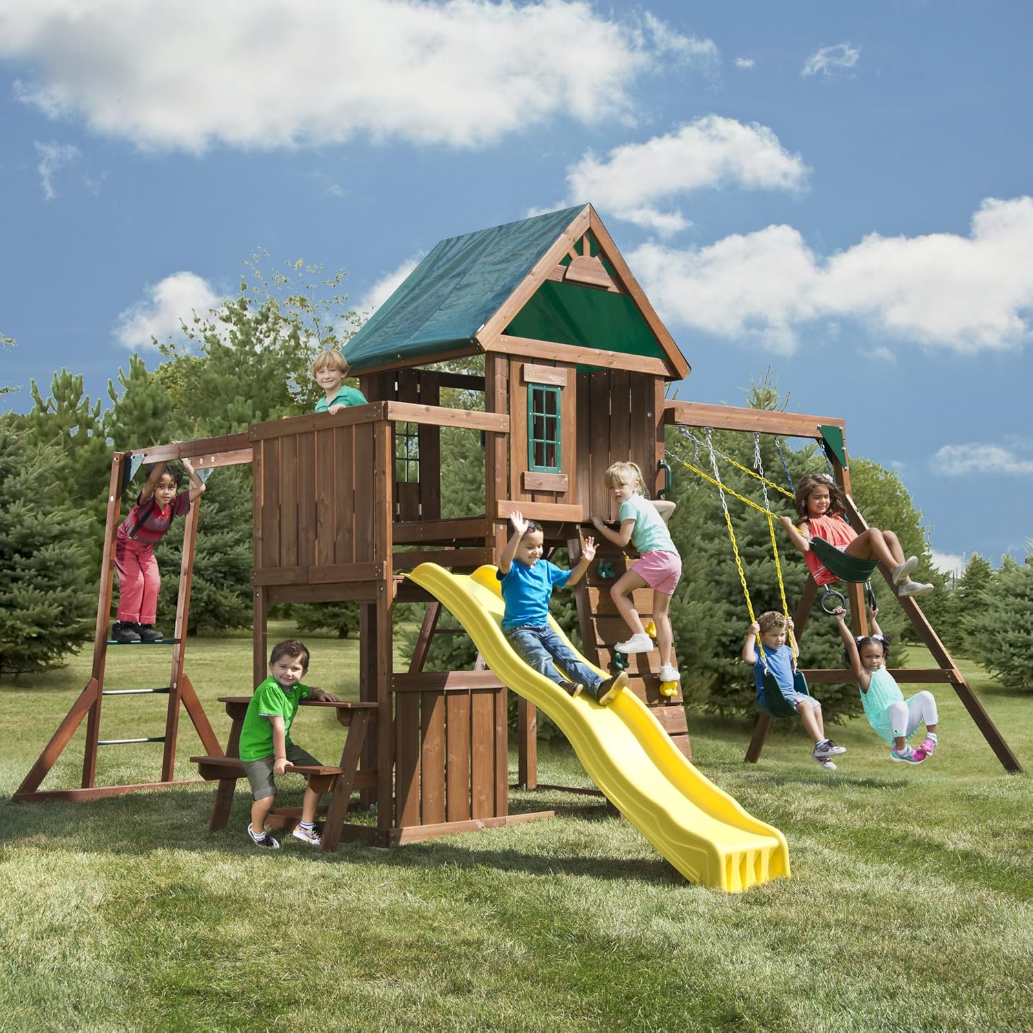 Swing-N-Slide Chesapeake Wood Complete Play Set with Two Swings, Monkey Bars, Slide, Climbing Wall and Picnic Table , Brown