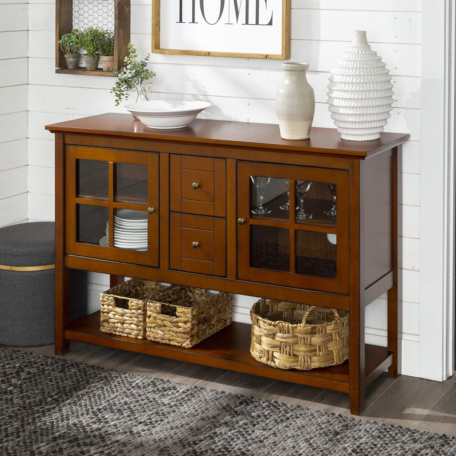Walker Edison Farmhouse Wood Buffet Storage Cabinet Living Room, 52 Inch, Rustic Brown
