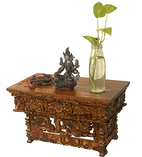Tribe Azure Fair Trade Small Altar Table, Meditation Table Altar, Small Puja Table, Natural Wood Wiccan Buddhist Table, Tea Table Japanese, Small Low Side Table (Brushed Gold Dragon)