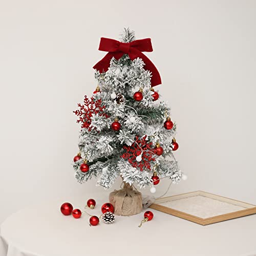 Small Christmas Tree Artificial Tree 22 in with Lights, Snow Flocked,Christmas Ball,Pine Cone,Christmas Ribbons,Christmas Suit,Table Desk Home Christmas DIY (red(ball)+tree)