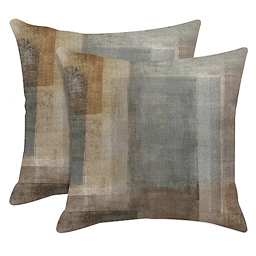 Grey and Teal Painting Throw Pillow Covers 18 x 18 Inch Linen Square Cushion Case Set of 2, Home Decoration Pillowcase and Outdoor Decorative Pillows for Couch Sofa Bed